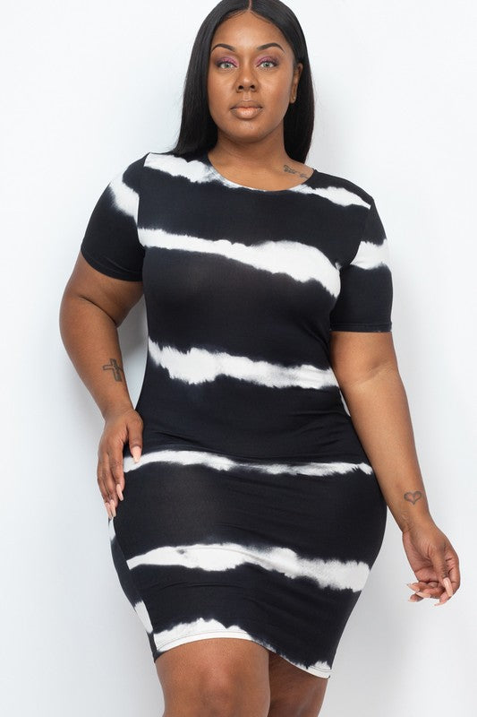 Plus Size Stripe Tie-Dye Printed Midi Dress