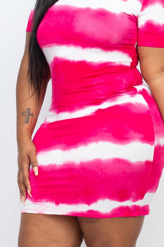 Plus Size Stripe Tie-Dye Printed Midi Dress
