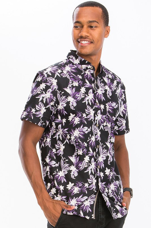 Mens Print Hawaiian Button Down Shirt