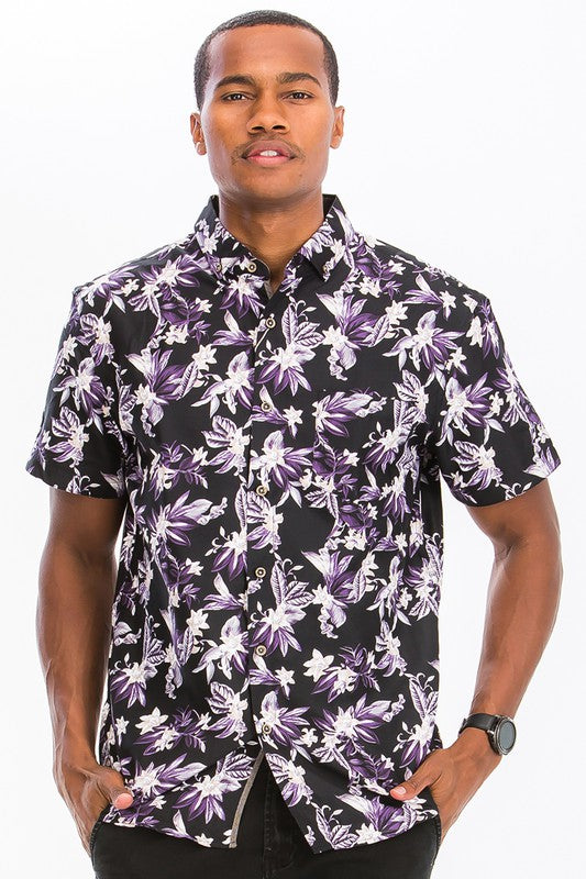 Mens Print Hawaiian Button Down Shirt