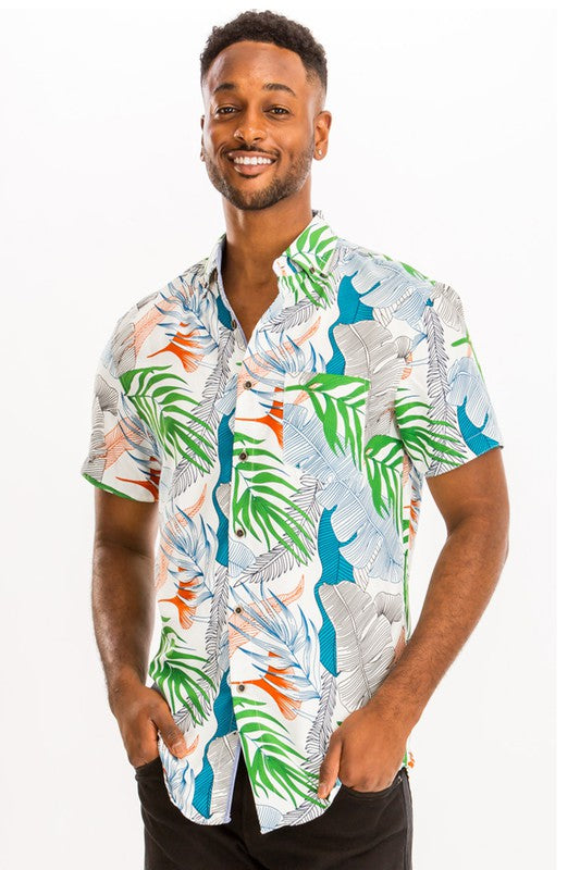 Mens Print Hawaiian Button Down Shirt