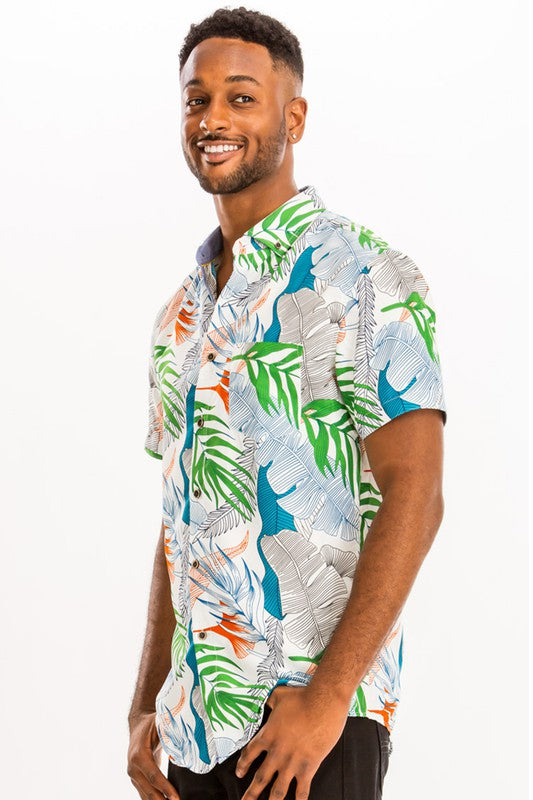 Mens Print Hawaiian Button Down Shirt