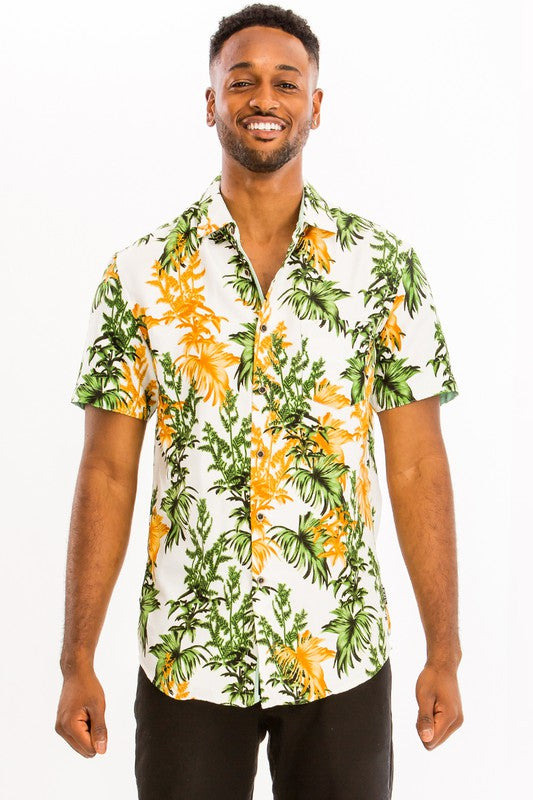 Mens Print Hawaiian Button Down Shirt