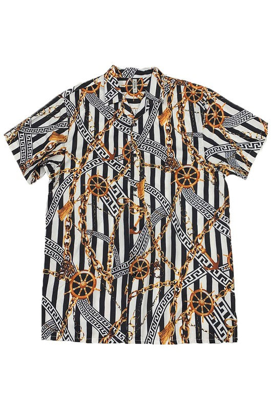 Gold chain print button down tee