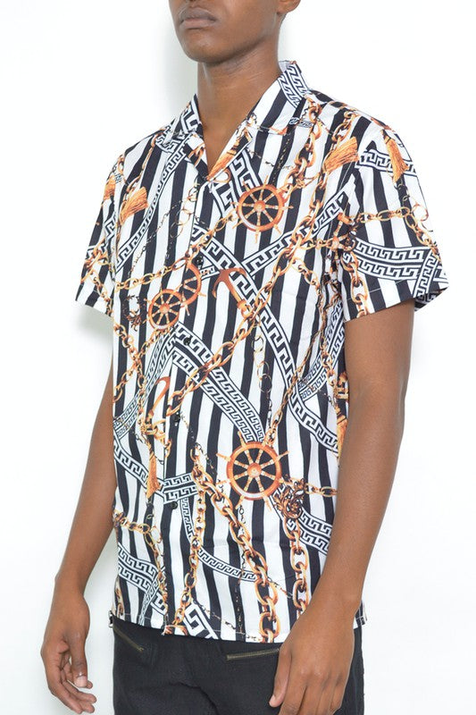 Gold chain print button down tee