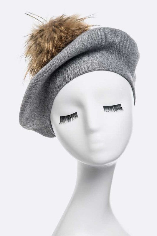 Genuine Fur Pom Cashmere Beret