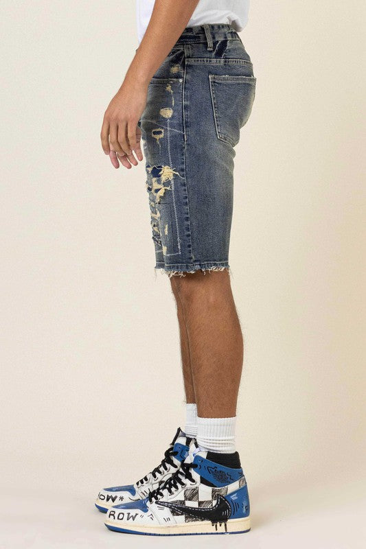 Boujee Stitch Heavy Rip 7 Repair Denim Shorts