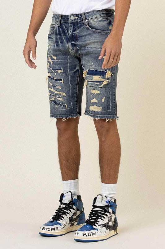 Boujee Stitch Heavy Rip 7 Repair Denim Shorts