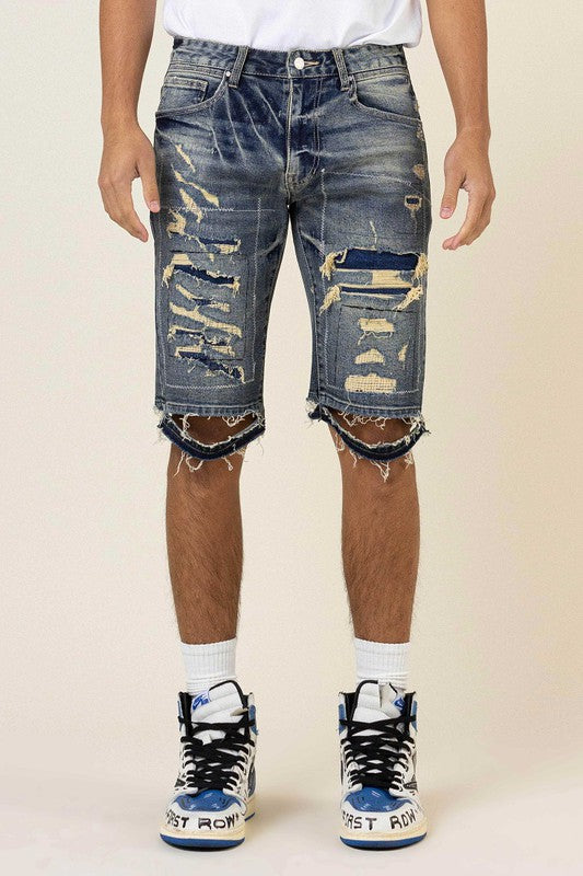 Boujee Stitch Heavy Rip 7 Repair Denim Shorts