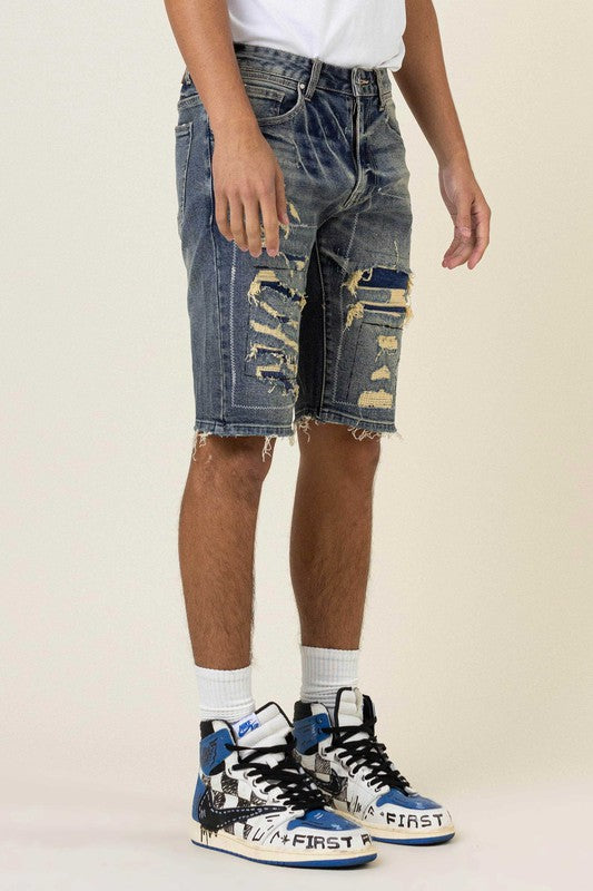 Boujee Stitch Heavy Rip 7 Repair Denim Shorts