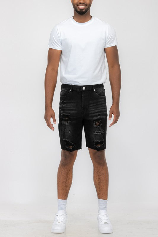 Boujee Mens Distressed Stretch Denim Shorts