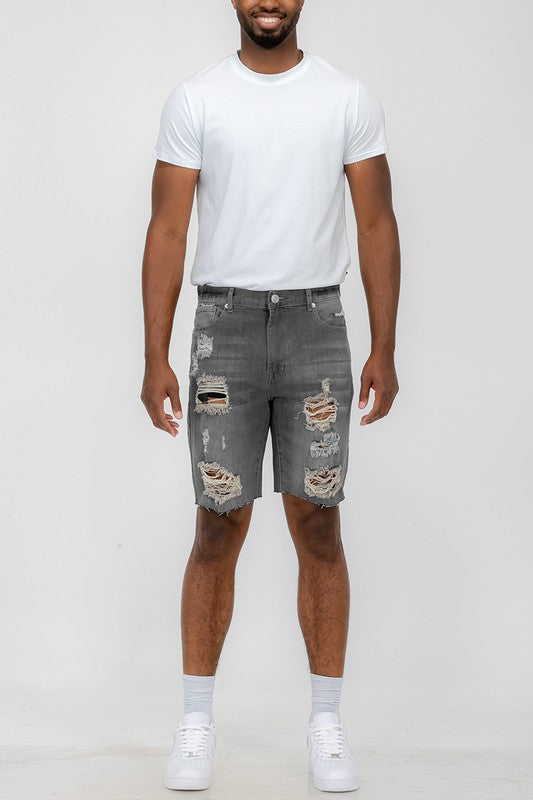 Boujee Mens Distressed Stretch Denim Shorts