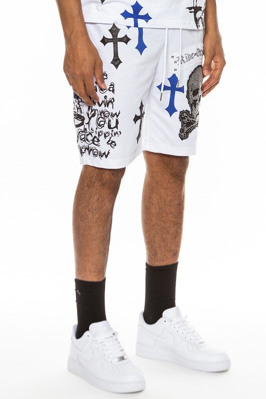 Boujee Mens Chrome Cross Skull Shorts
