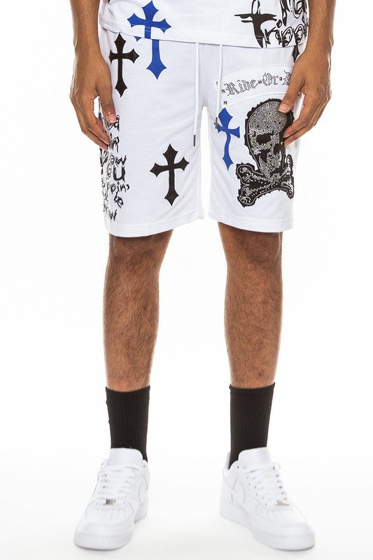 Boujee Mens Chrome Cross Skull Shorts