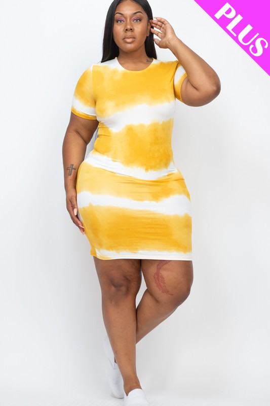 Plus Size Stripe Tie-Dye Printed Midi Dress