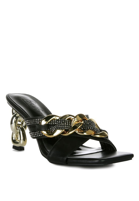 Boujee Metallic Chain Heeled Diamante Sandals