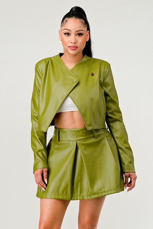 Boujee Button Up Pu Leather jacket and Skirt Set