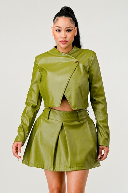 Boujee Button Up Pu Leather jacket and Skirt Set