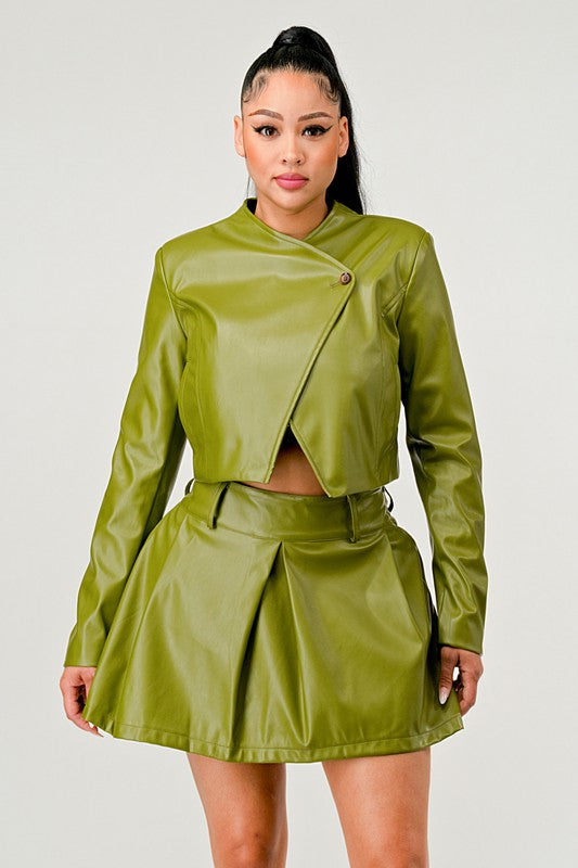 Boujee Button Up Pu Leather jacket and Skirt Set