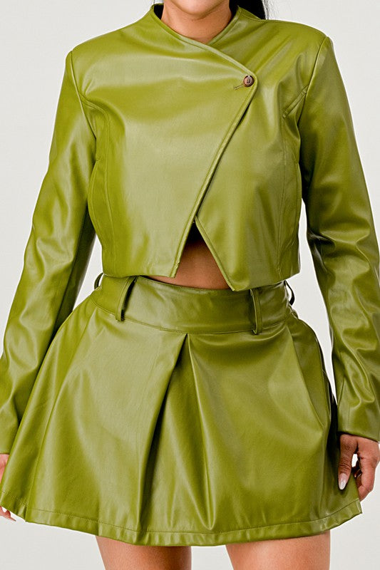 Boujee Button Up Pu Leather jacket and Skirt Set