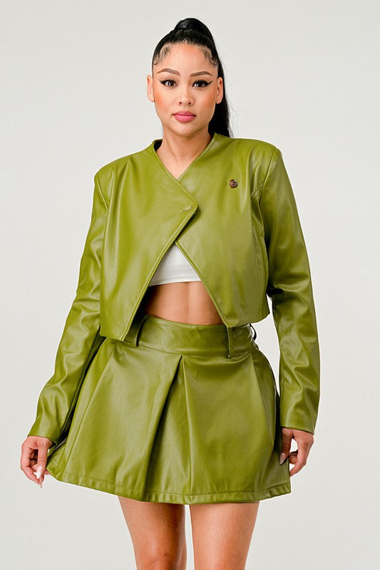 Boujee Button Up Pu Leather jacket and Skirt Set