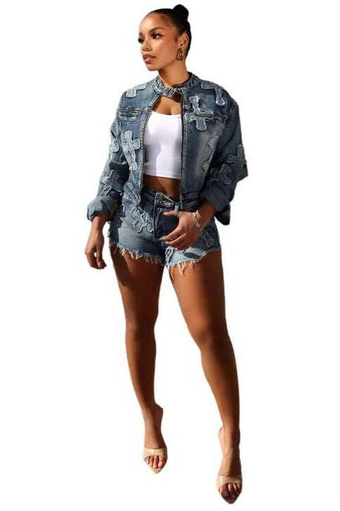 Denim cross 2-piece short set