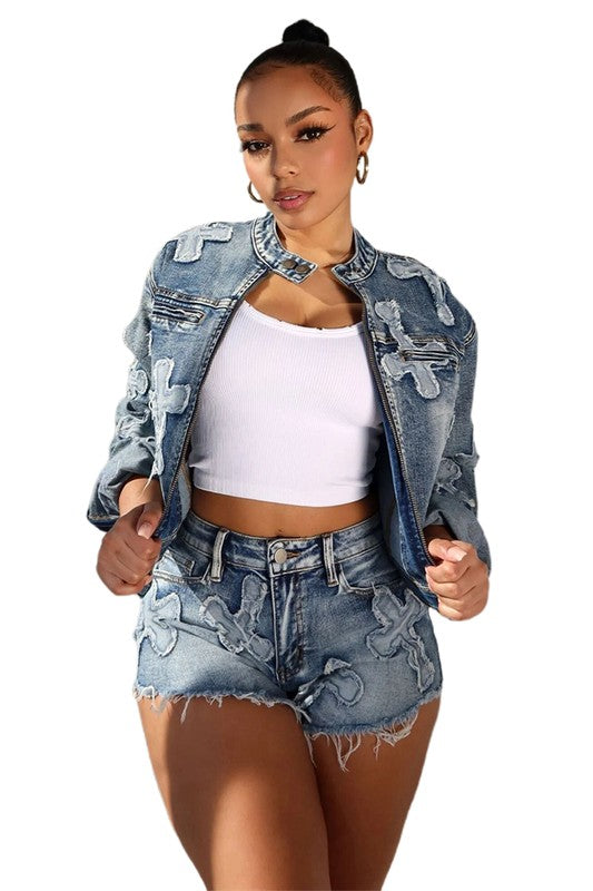 Denim cross 2-piece short set