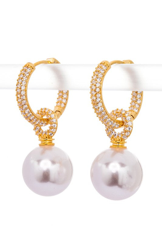 CZ Micro Setting Hoop Pearl Drop Earrings