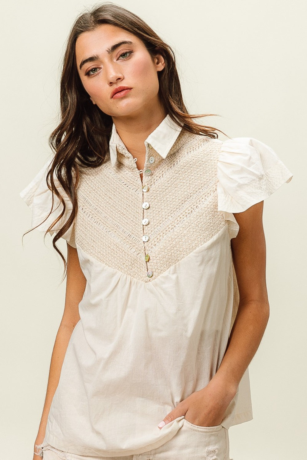 Boujee Half Button Collared Neck Short Sleeve Top