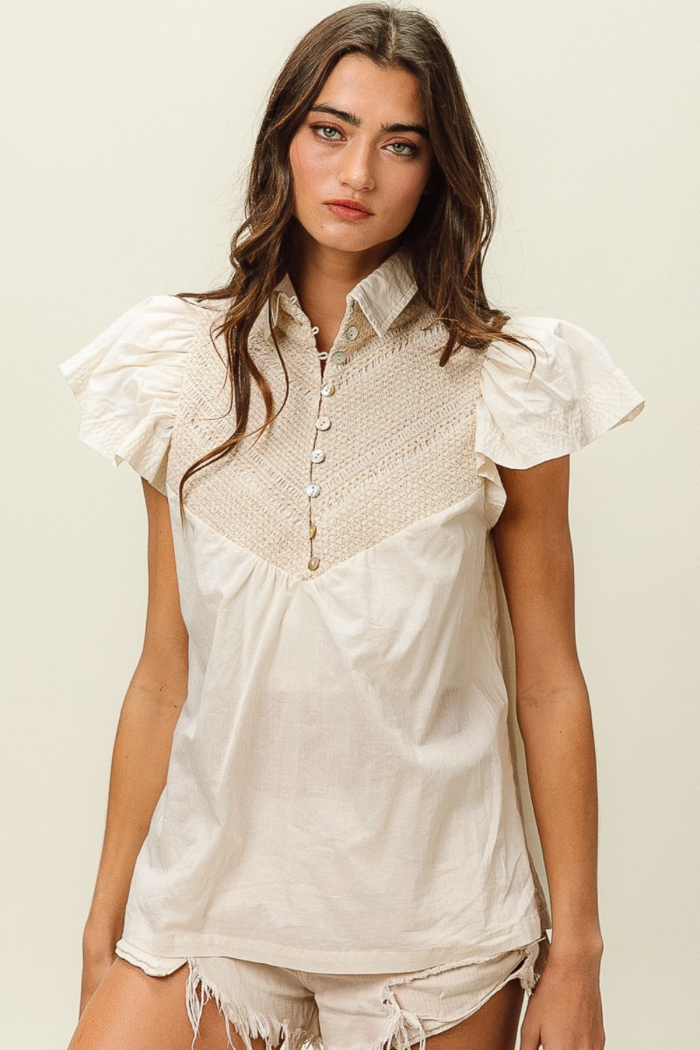 Boujee Half Button Collared Neck Short Sleeve Top